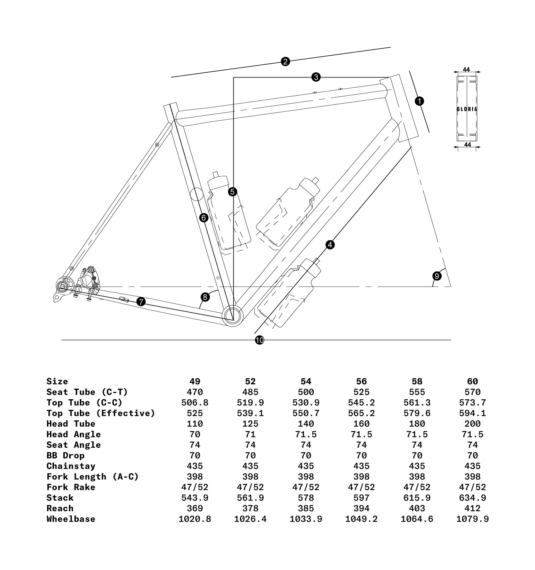 Technical diagram of a bicycle frame with dimensions on a white background