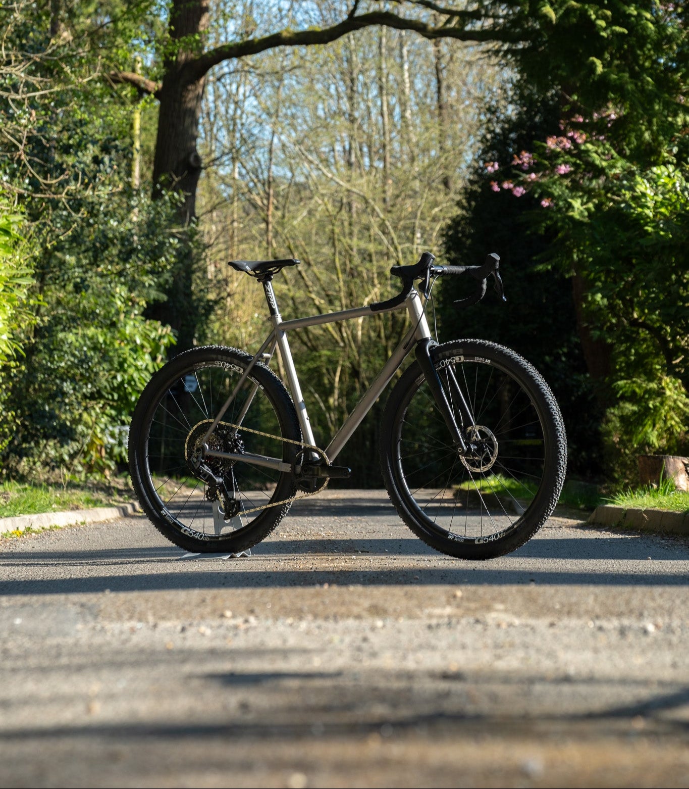 Bicycle parked on a road with trees and greenery in the background